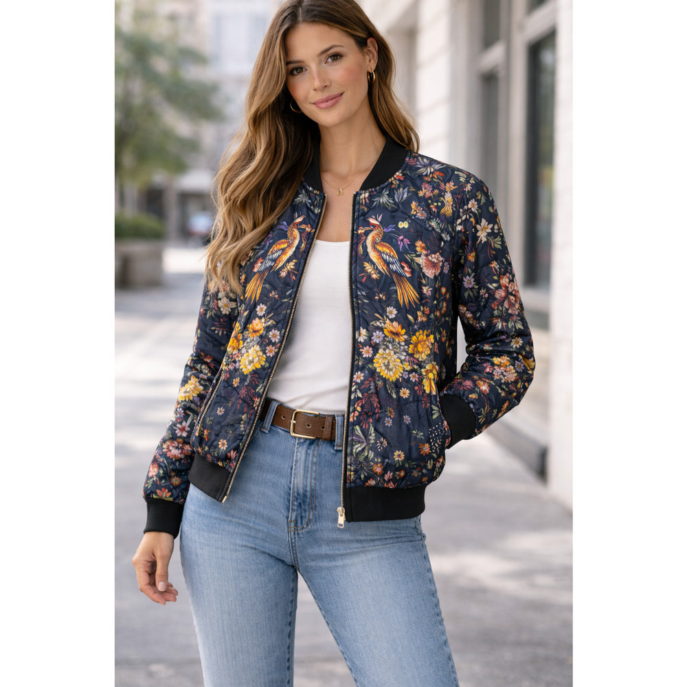 Zara Trafaluc Outerwear Floral Bomber Jacket Lined Full Zip Navy Blue Size Large